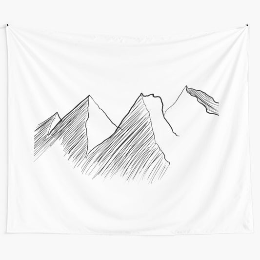 Minimalist mountain tapestry featuring a detailed, intricate design with a boho, hippie, and nature-inspired aesthetic