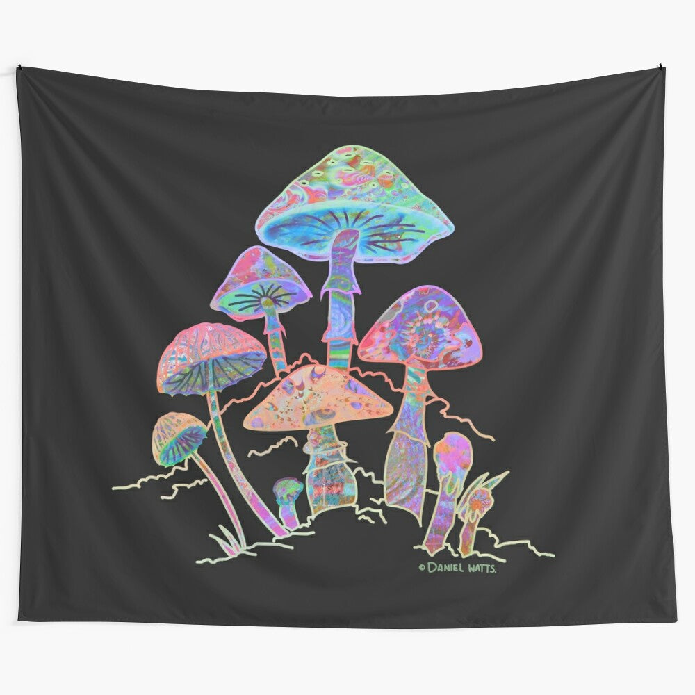 Colorful psychedelic tapestry with fractal mushroom design