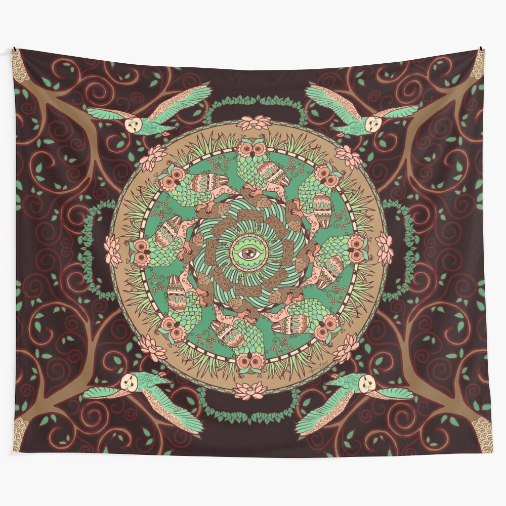 Enchanted tree spirit and owl tapestry featuring a mandala design with nature elements