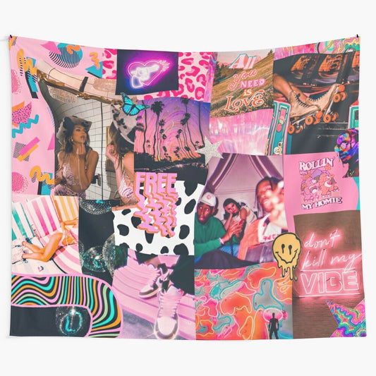 Colorful trippy collage tapestry with psychedelic patterns and fashion elements