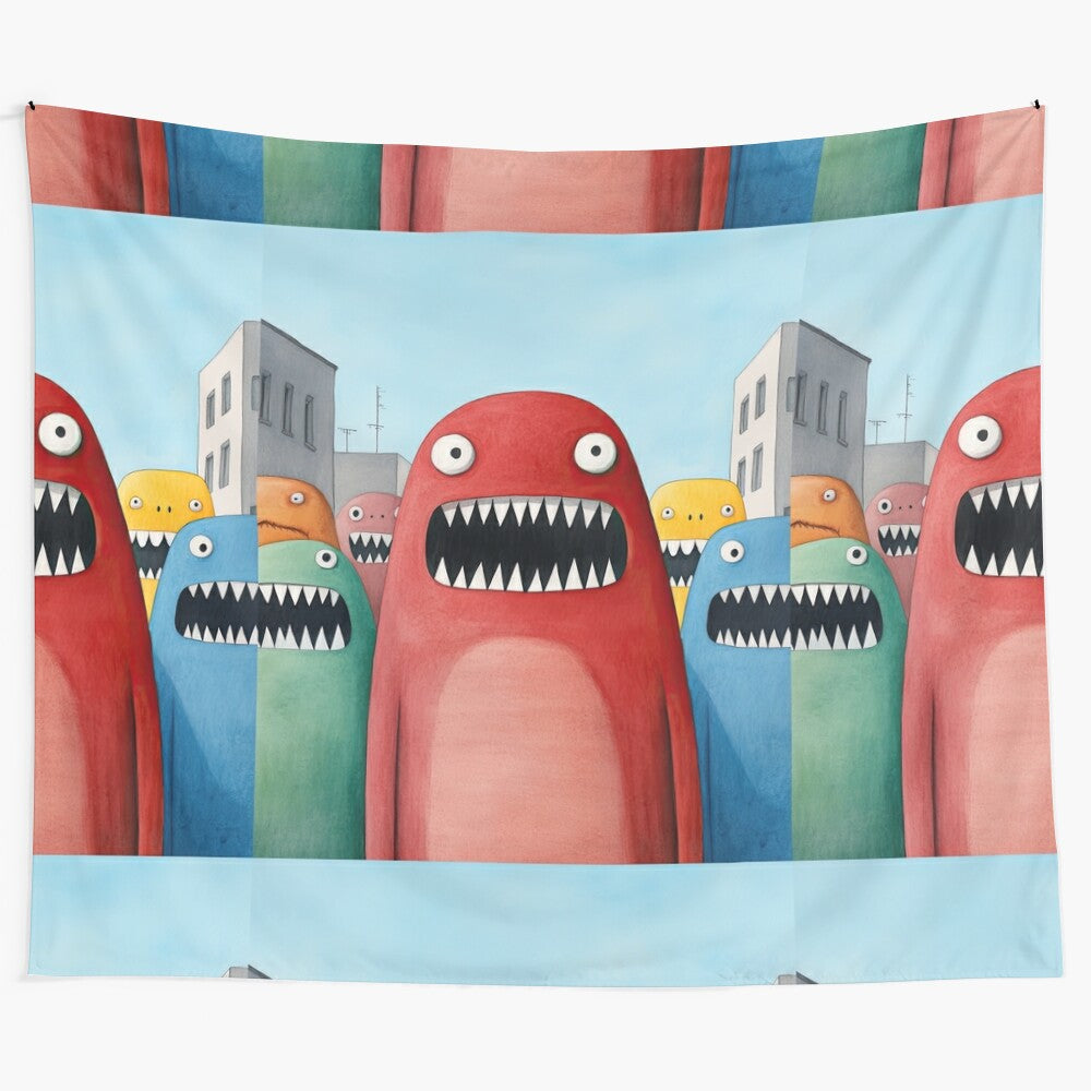 Colorful watercolor illustration of a fun monster parade marching through a quirky urban cityscape