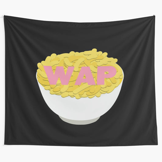 Colorful tapestry-style image with macaroni and cheese design