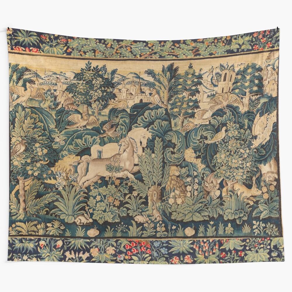 Antique French tapestry depicting fantastical woodland creatures and horses