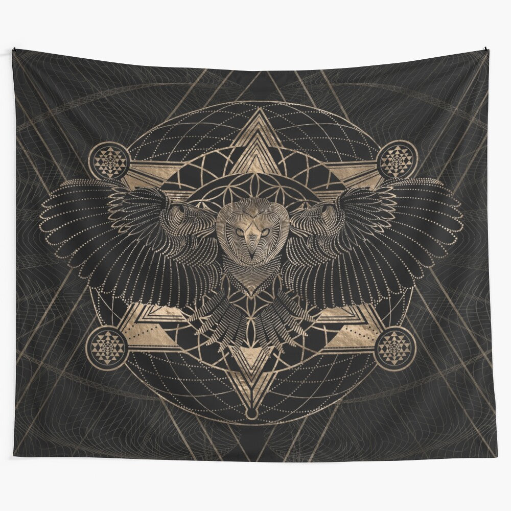 Owl in a sacred geometry composition, black and gold tapestry