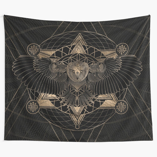 Owl in a sacred geometry composition, black and gold tapestry