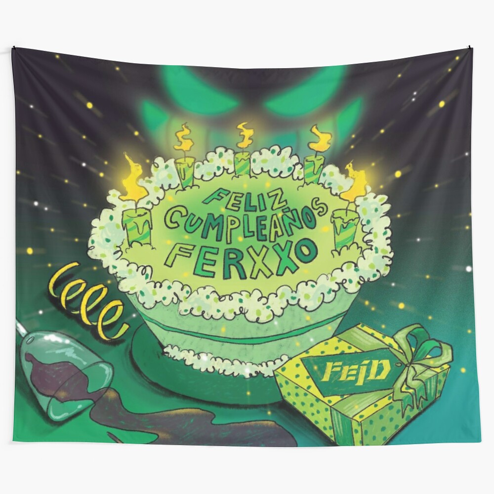 Feid-inspired tapestry featuring "Feliz Cumpleanos Ferxxo" design