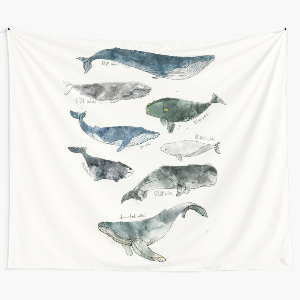 Whales Tapestry featuring a watercolor design of humpback and beluga whales