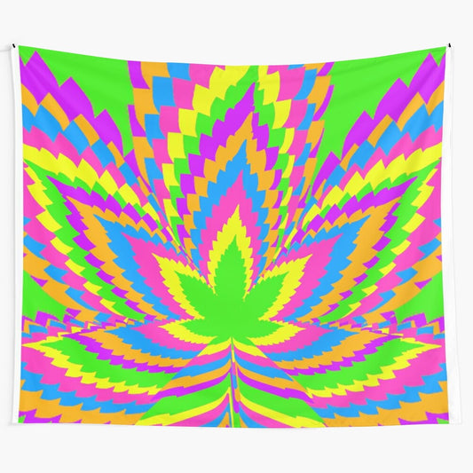 Psychedelic neon weed tapestry with vibrant colors and trippy patterns