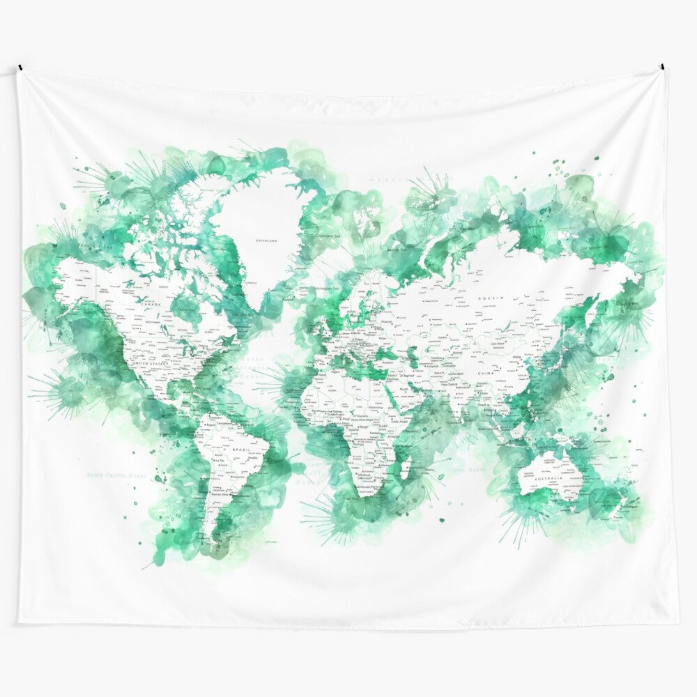 Detailed watercolor-style world map tapestry in shades of green and teal