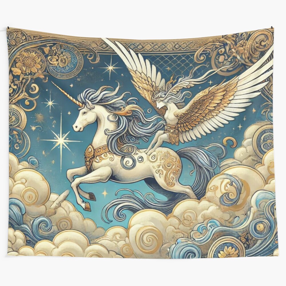 Tapestry depicting a winged unicorn soaring through a starlit sky