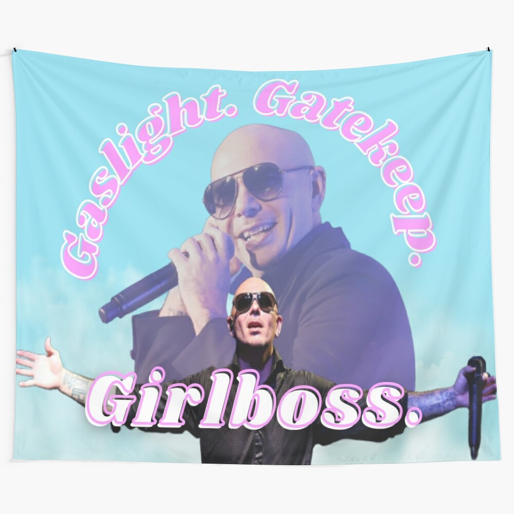 "Mr. Worldwide" and "Girlboss" themed tapestry featuring humorous pop culture references