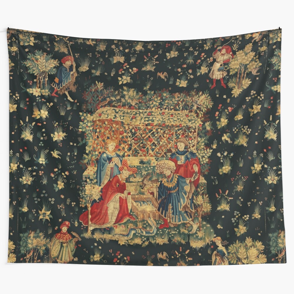 Antique medieval tapestry with falcons, court figures, and floral designs