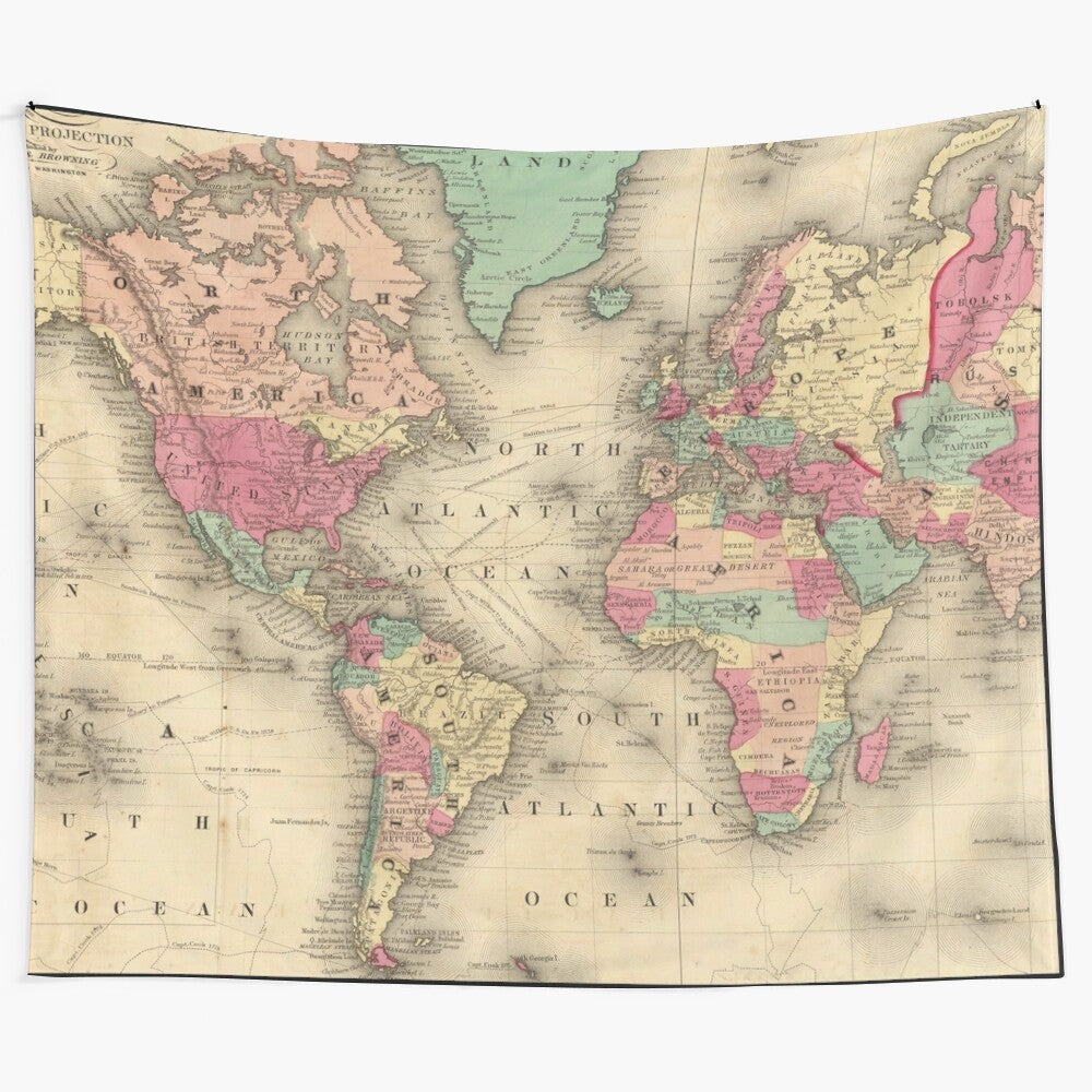 Vintage-inspired world map tapestry with historical cartography