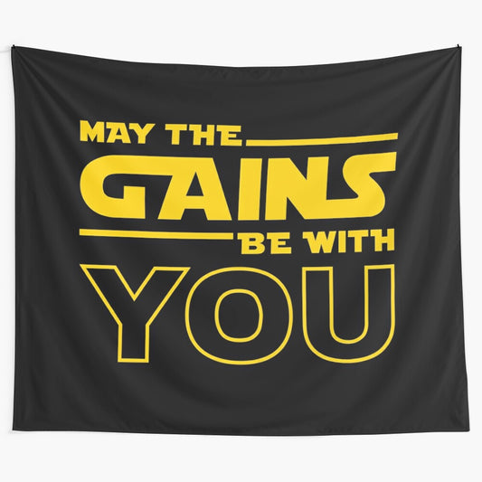 Cosmic Gains Tapestry featuring a motivational gym quote and fitness-inspired imagery