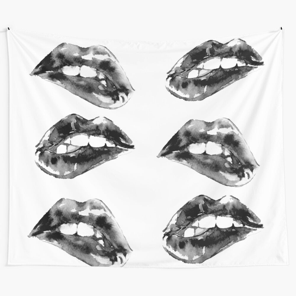 Black and white watercolor biting lips tapestry artwork