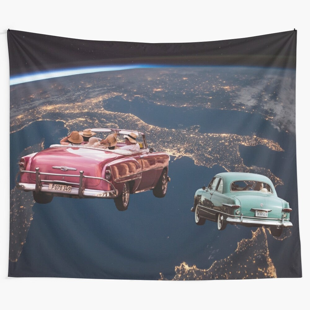 Vintage space tapestry featuring a collage of the earth, moon, cars, and stars