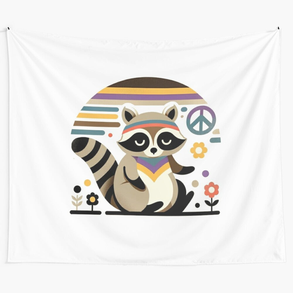 Colorful hippie raccoon design on a tapestry shirt