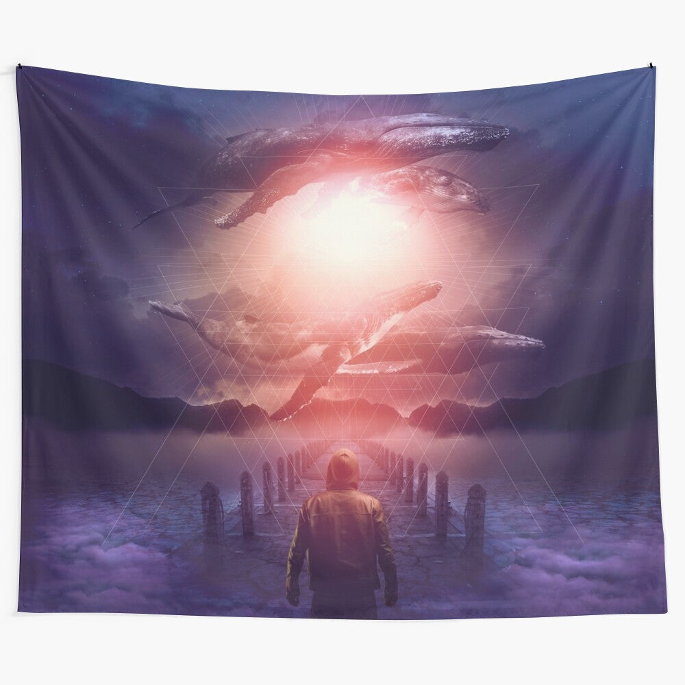 Serene tapestry featuring floating whales in a surreal, dream-like sky