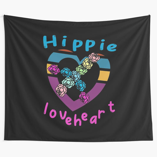 Colorful hippie-inspired tapestry with a loveheart, roses, and peace sign