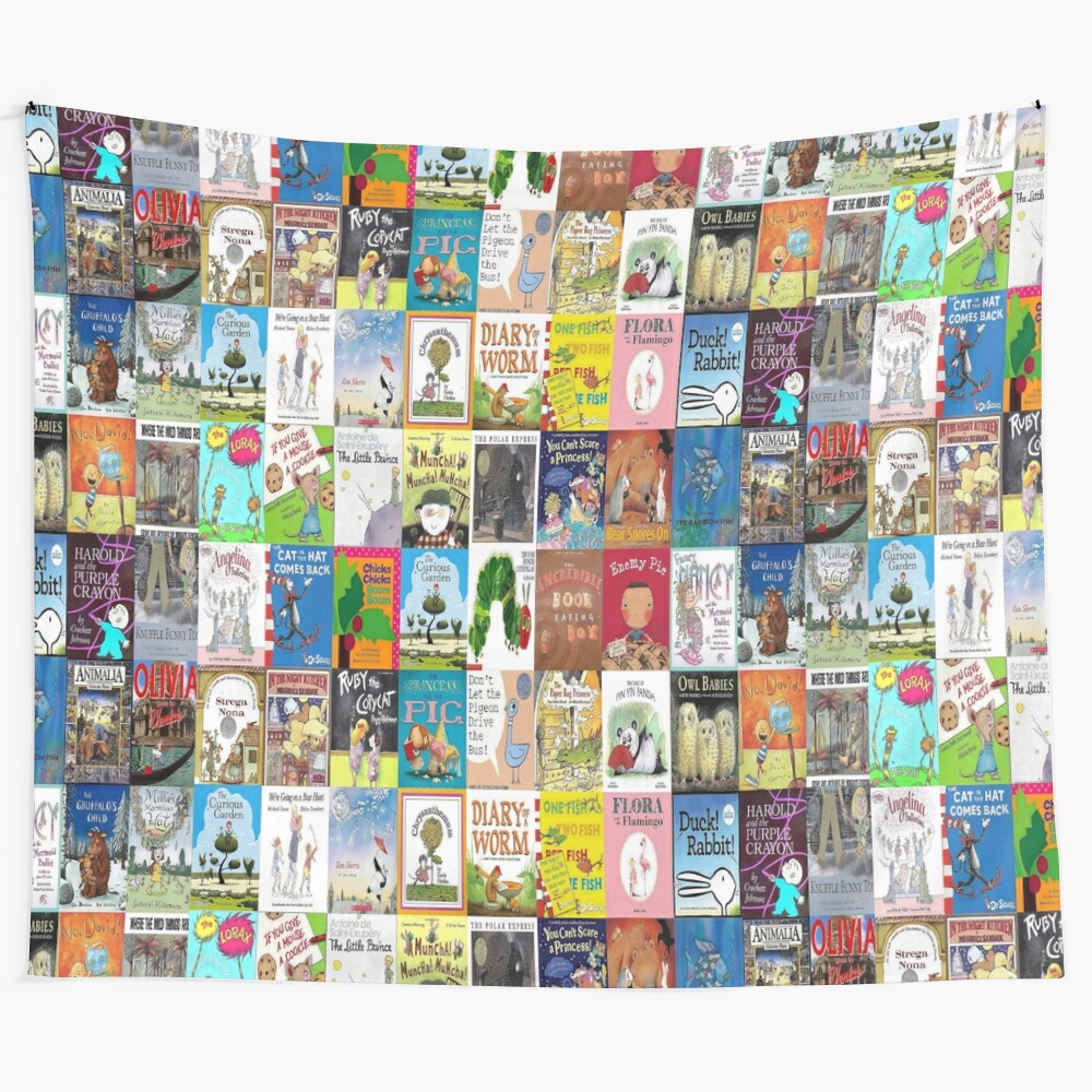 Colorful tapestry featuring illustrations from classic children's picture books