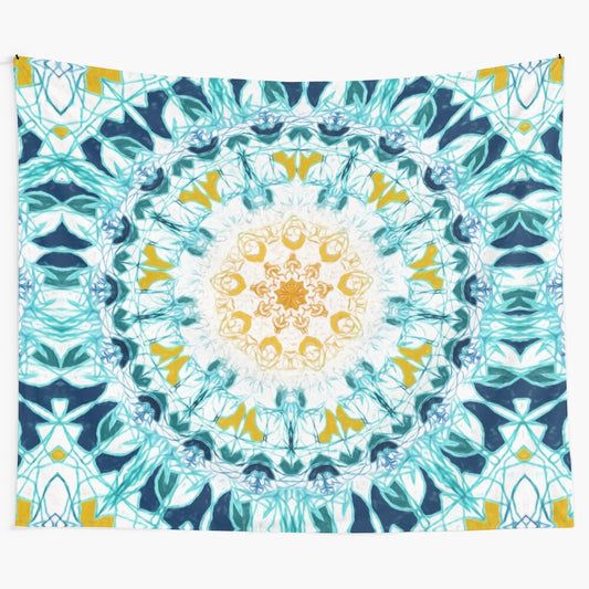 Detailed mandala tapestry with turquoise, yellow, and navy colors