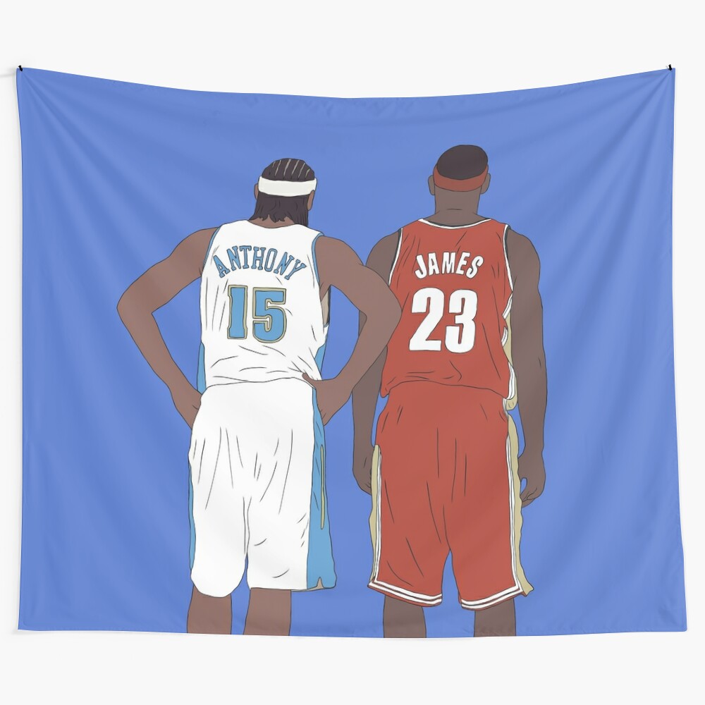 Tapestry featuring young LeBron James and Carmelo Anthony playing basketball