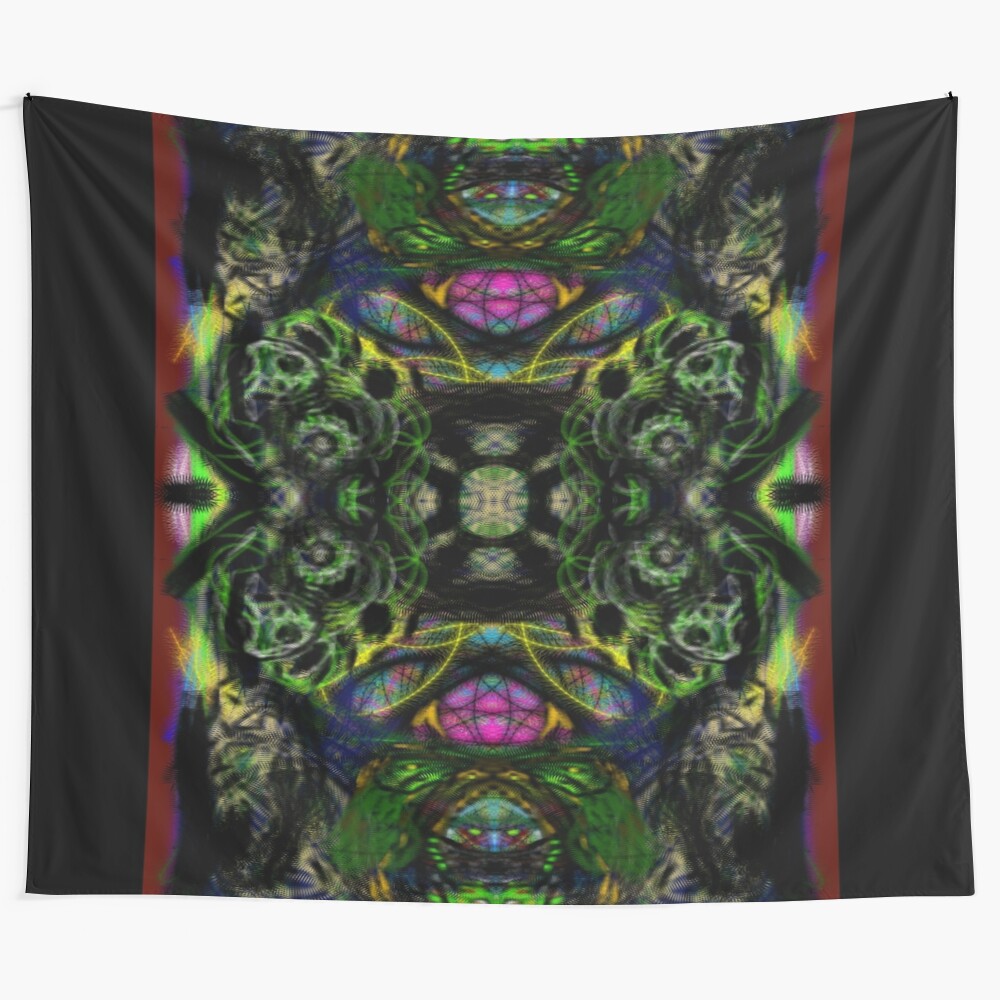 Vibrant gas mask tapestry with psychedelic, abstract design