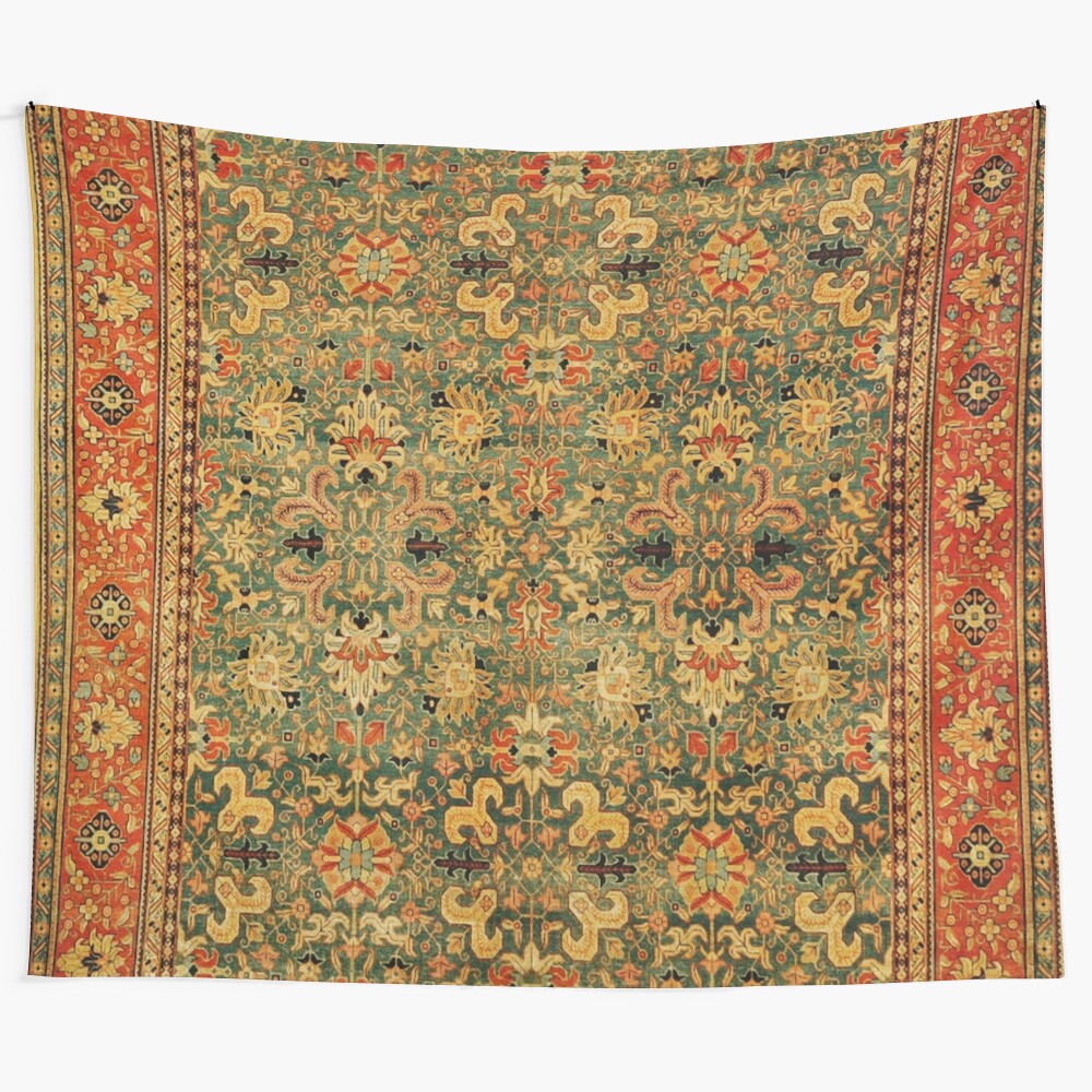 Tabriz green orange rug print tapestry with vintage, boho, and ethnic design