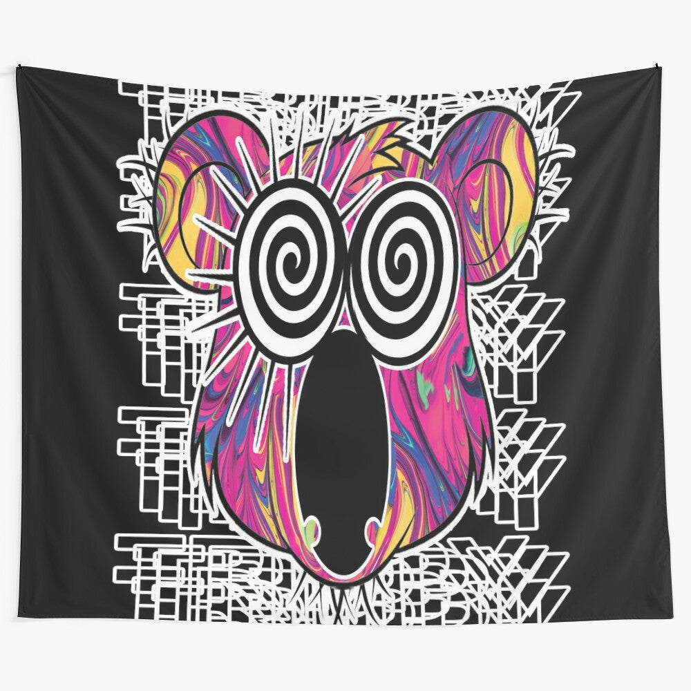 Trippy psychedelic bear tapestry with neon colors and abstract design