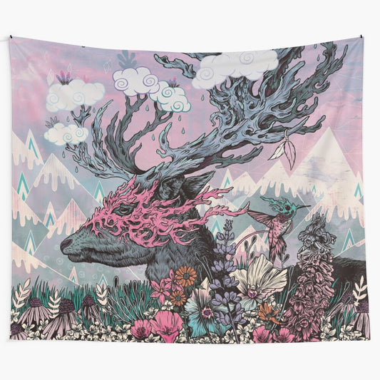 Deer with Antlers Silhouette against Colorful Sunset Tapestry