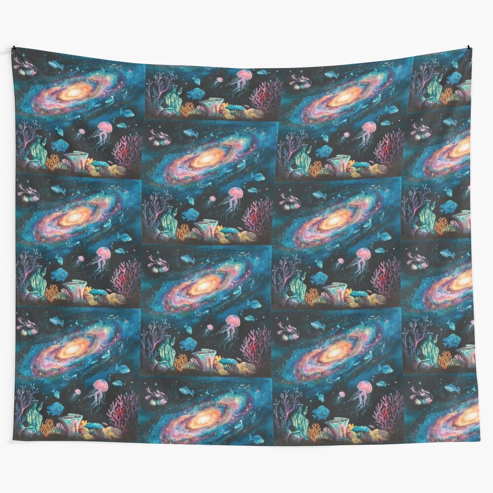 Stunning galaxy tapestry featuring an underwater space scene with stars, planets, and marine life