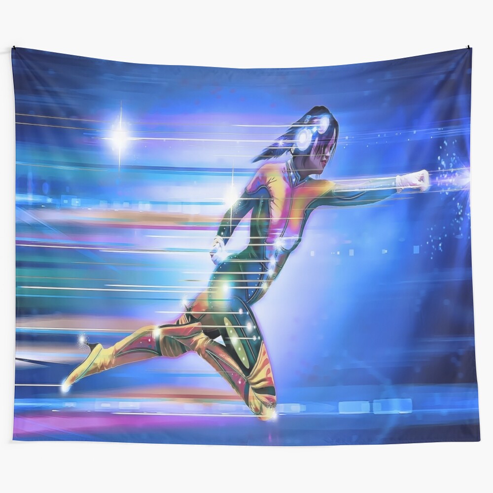 Colorful tapestry featuring a collection of superhero characters