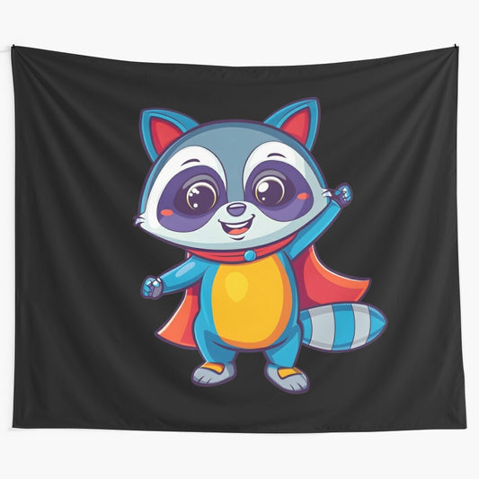 Cute and Colorful Cartoon Raccoon Superhero Tapestry