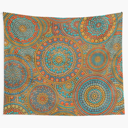 Dot art circles tapestry in orange, blue, and gold tones