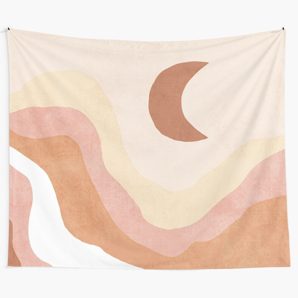 Warm mountain moon landscape tapestry with abstract desert scenery and boho design elements