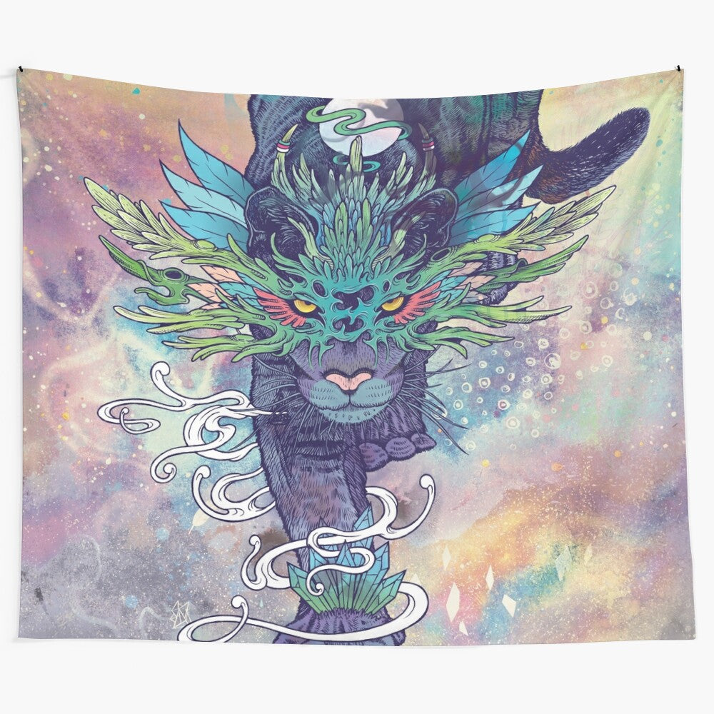 Vibrant spectral cat tapestry depicting a panther-like feline amongst celestial, psychedelic patterns and shapes