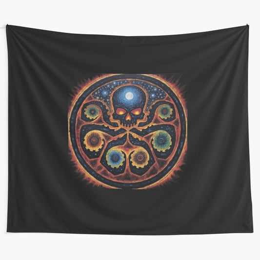 Hydra universe-inspired tapestry with spiral galaxy, stars, and cosmic elements