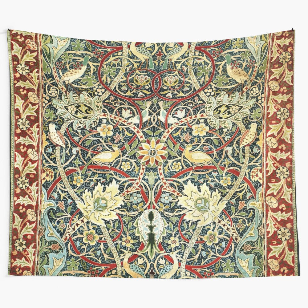 William Morris-inspired floral tapestry wall art featuring birds and leaves