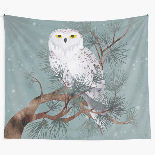 Snowy tapestry with a winter landscape featuring a snowy owl, pine trees, and icy elements