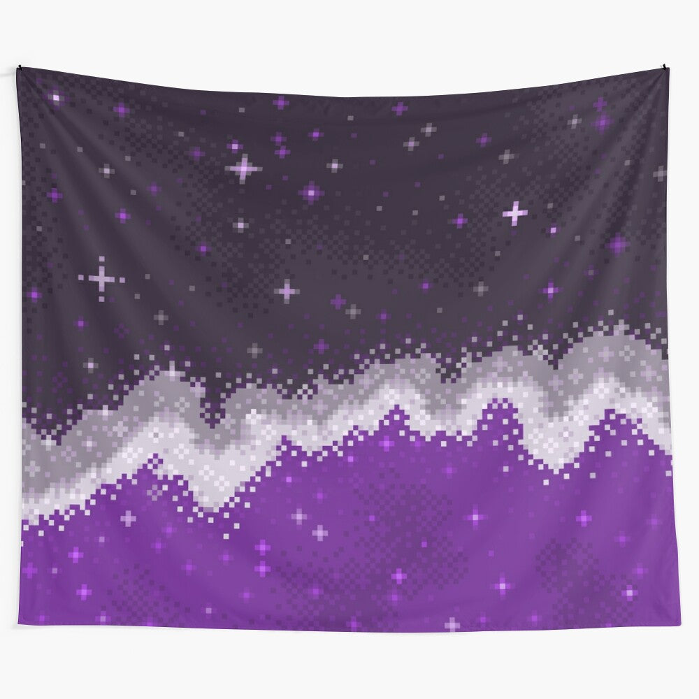 Cosmic Ace Pride Galaxy Tapestry featuring space-themed pixel art design