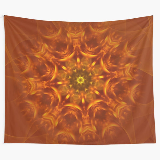 Vibrant mandala sunlight tapestry with abstract orange pattern design