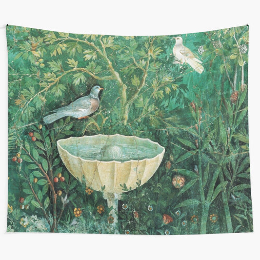 Pompeii-inspired tapestry with birds, doves, and a flower garden