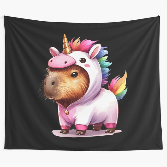 Capybara wearing a unicorn costume on a tapestry