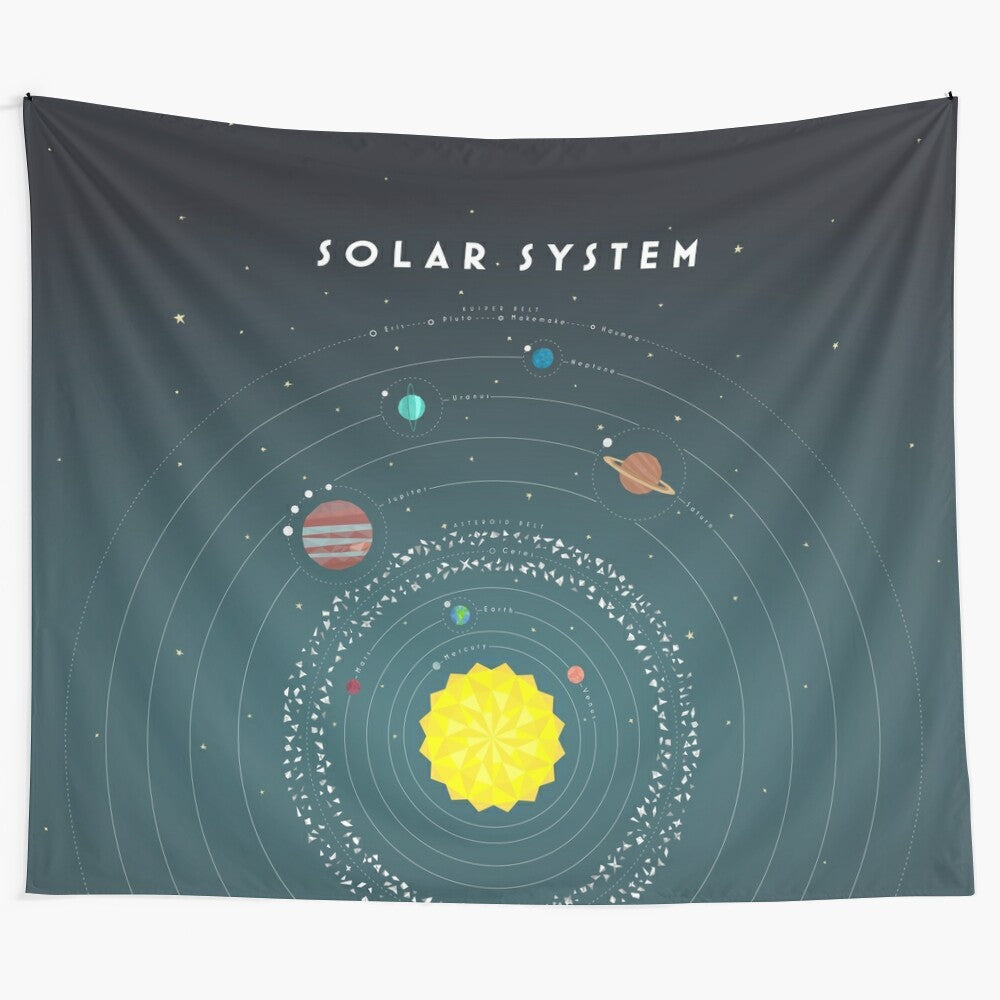 Solar system low poly tapestry featuring planets, asteroid belt, and outer space elements