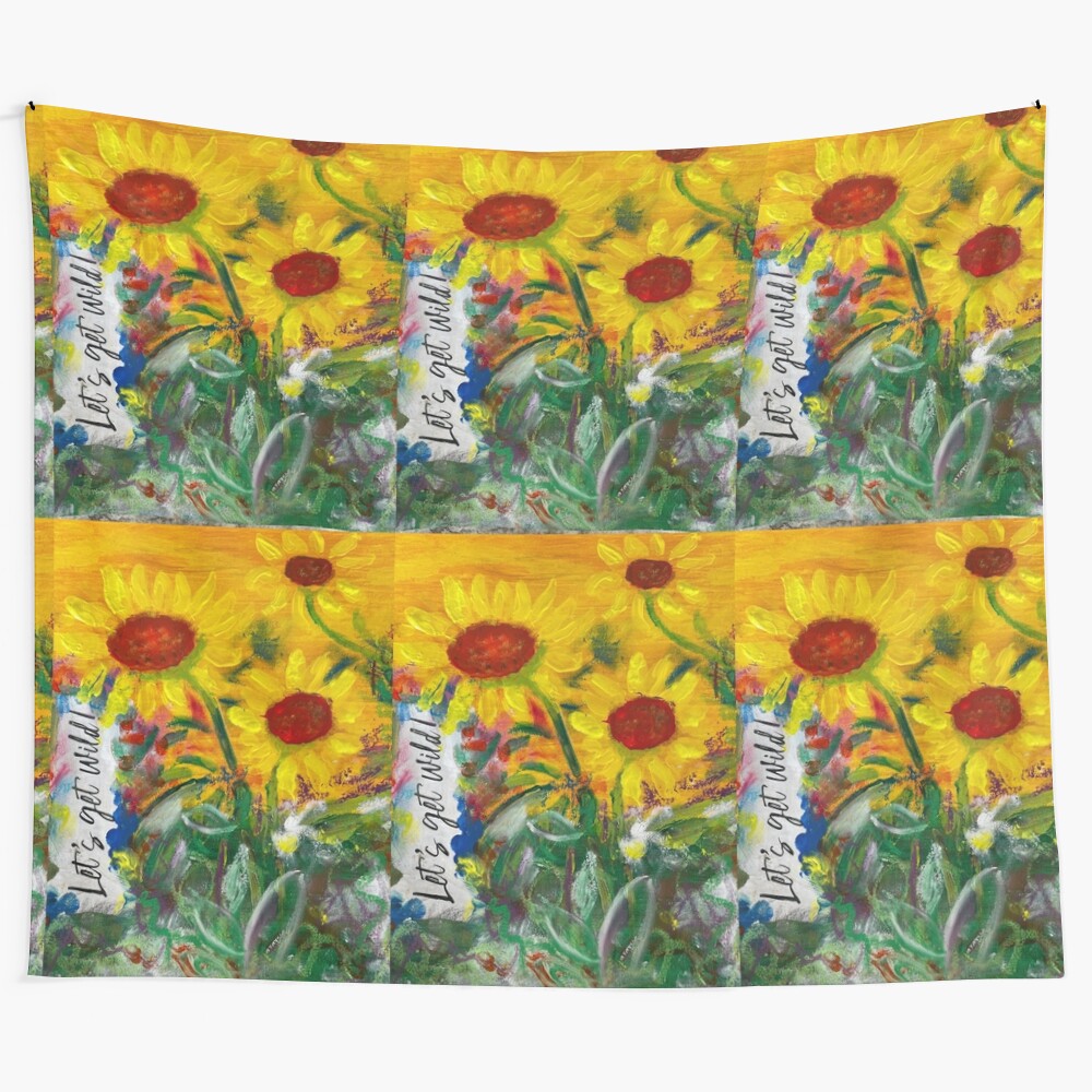 Sunflower tapestry with vibrant yellow petals and green leaves