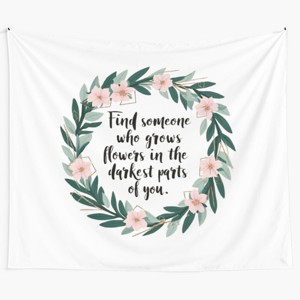 Inspirational floral wreath tapestry with botanical illustration