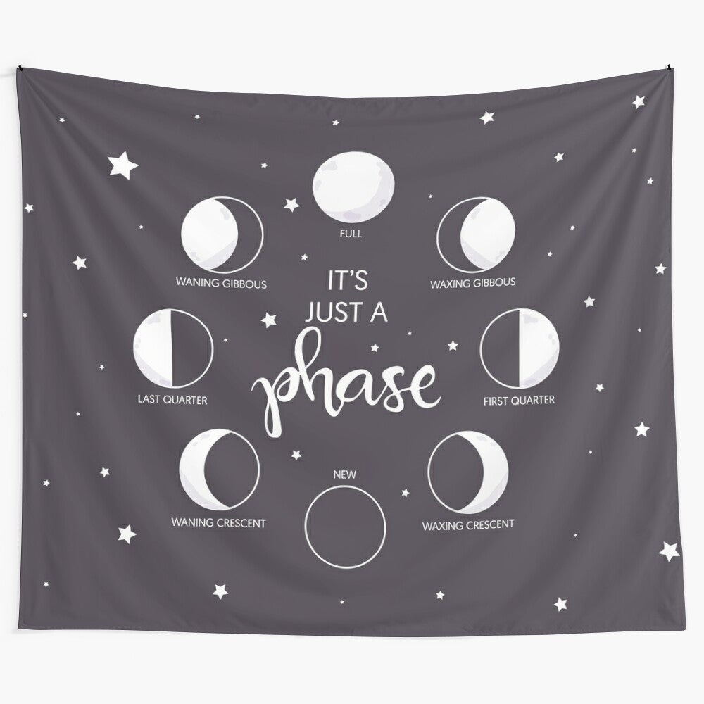 Tapestry featuring the phases of the moon and stars in a cosmic design