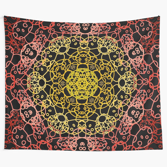 Cursed kaleidoscope tapestry featuring a mesmerizing trippy abstract design with fire mushrooms