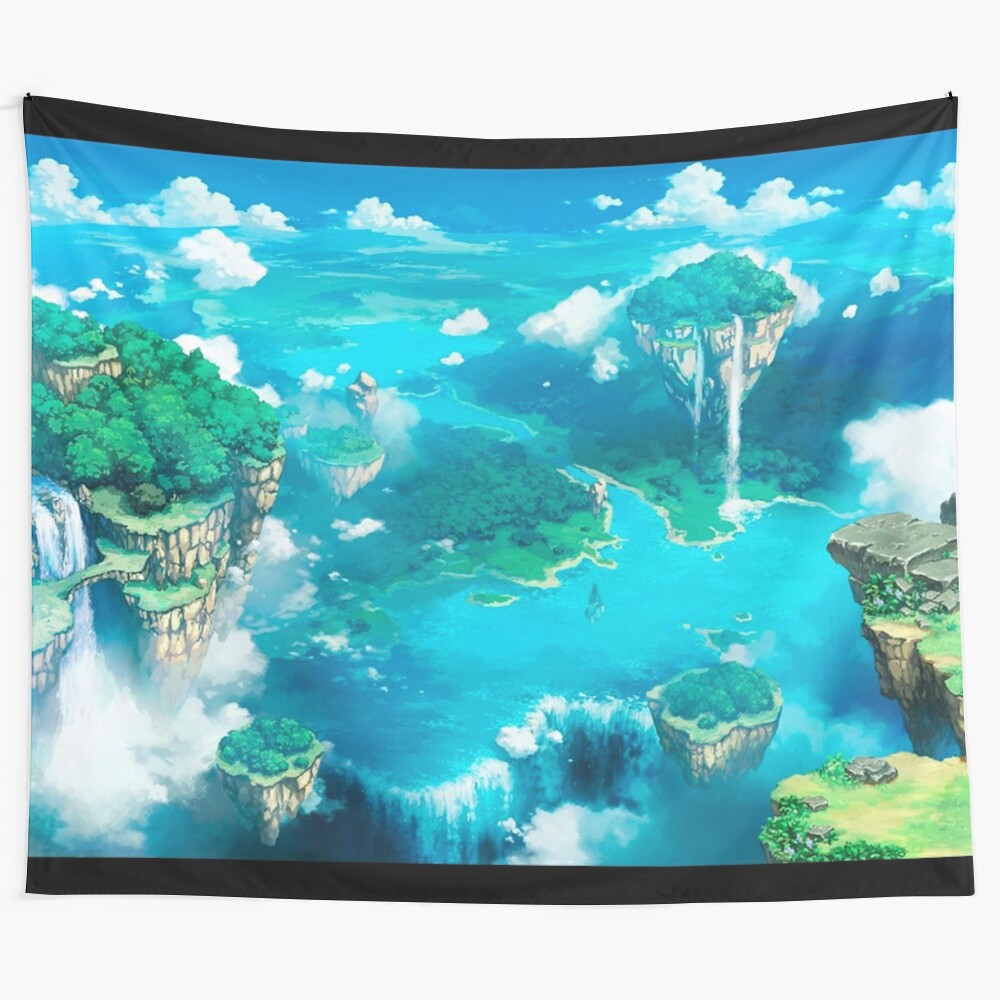 Anime-inspired floating islands tapestry featuring a dreamy landscape with clouds and a chibi-style design