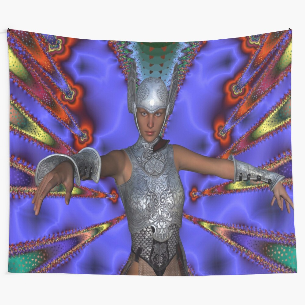 Silver Warrior Tapestry - Fantasy Artwork with Vibrant Colors and Patterns